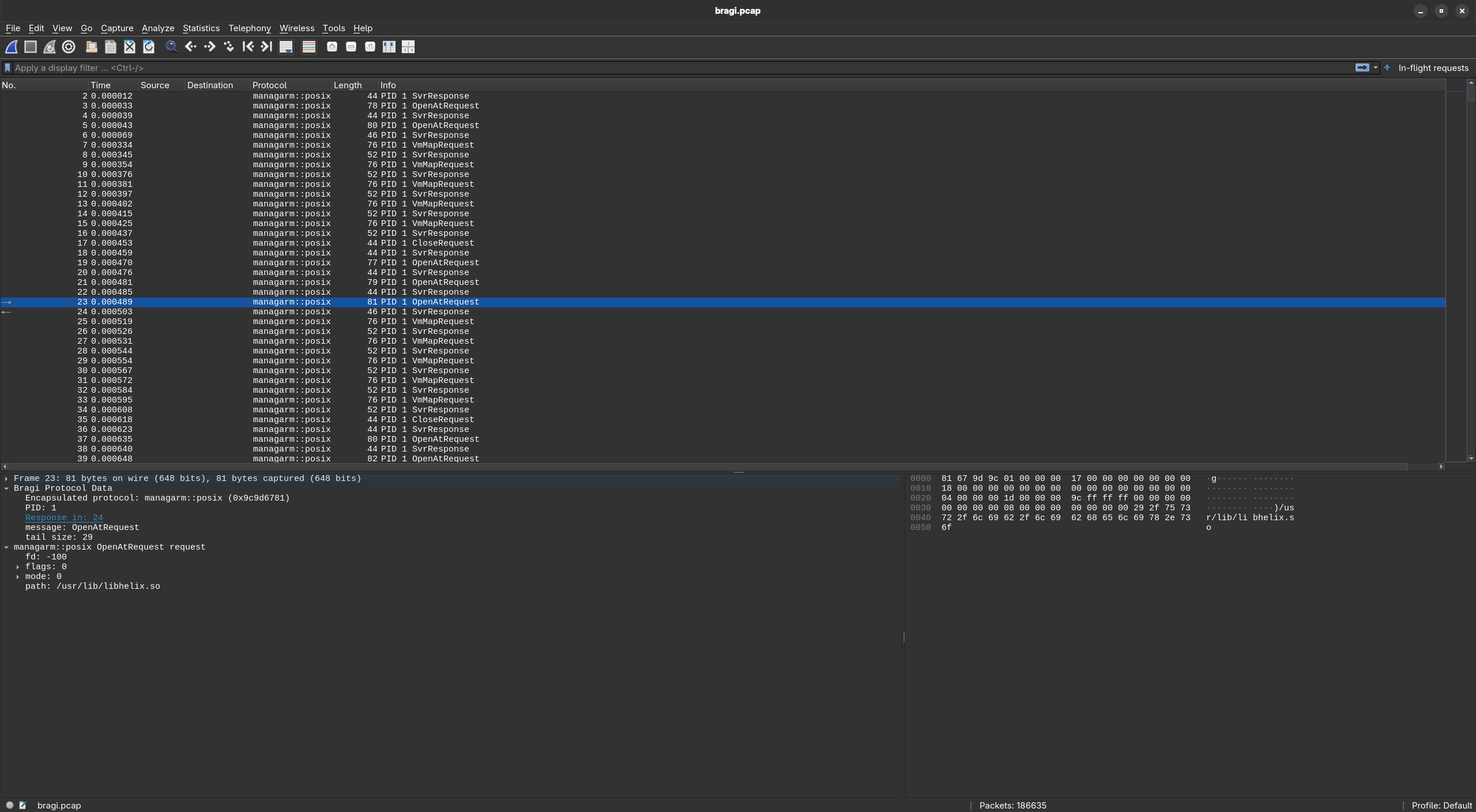 Wireshark view of dissecting a bragi dump of a managarm boot